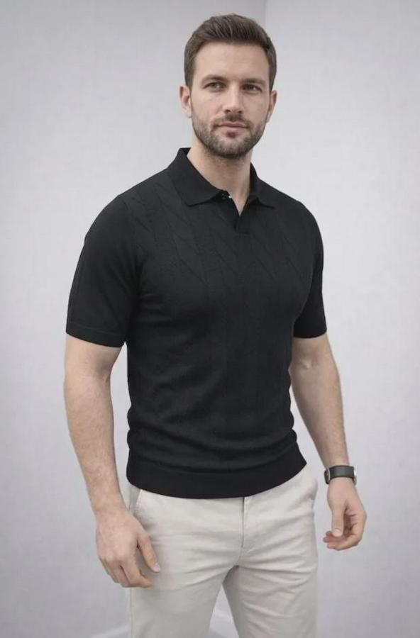 Yazlık Triko Dokuma Tişört Kısa Kol Polo Yaka T-Shirt