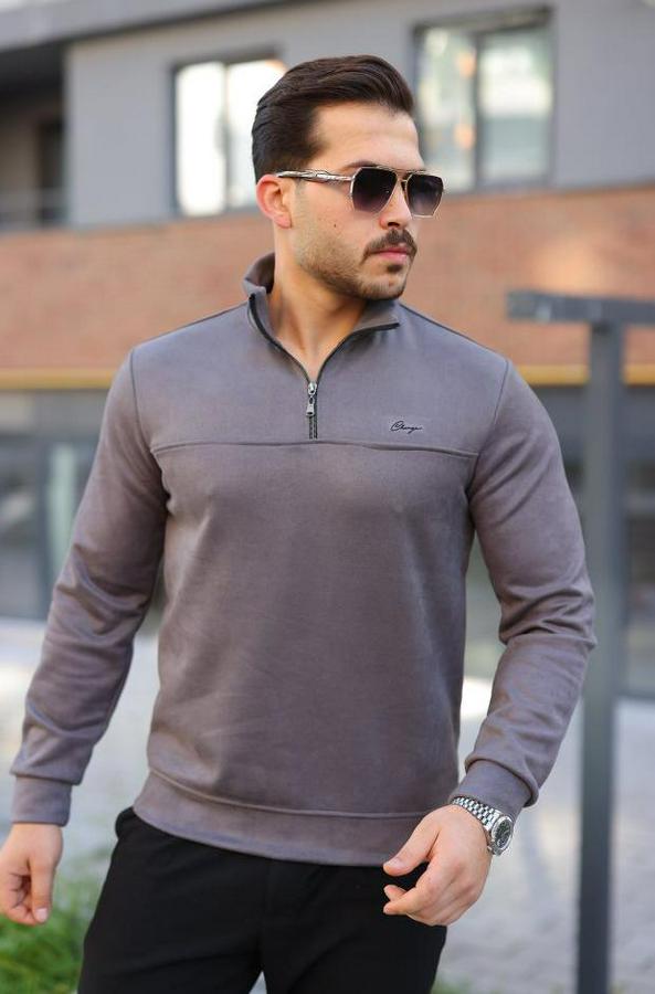 Süet Yarım Fermuar Dik Yaka Sweat