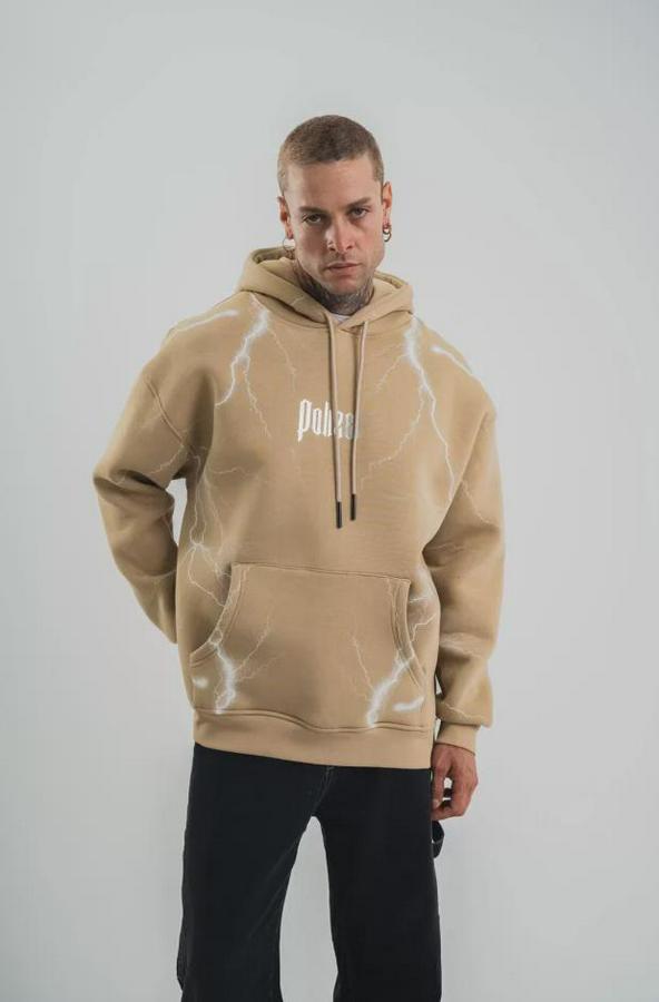 Double Oversize Kapşonlu Şimşek Pano Baskılı Sweatshirt