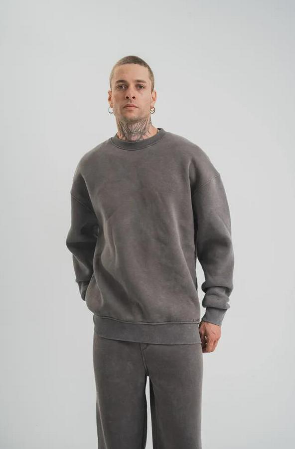 Iplik Pamuklu Yağ Yıkamalı Sweatshirt Double Oversize Bisiklet Yaka Uzun Kol