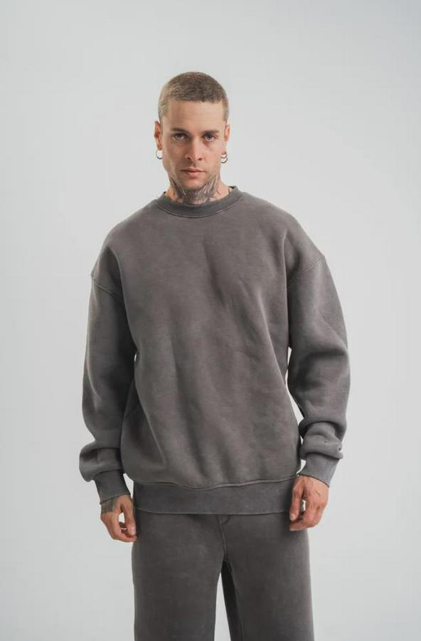 Iplik Pamuklu Yağ Yıkamalı Sweatshirt Double Oversize Bisiklet Yaka Uzun Kol