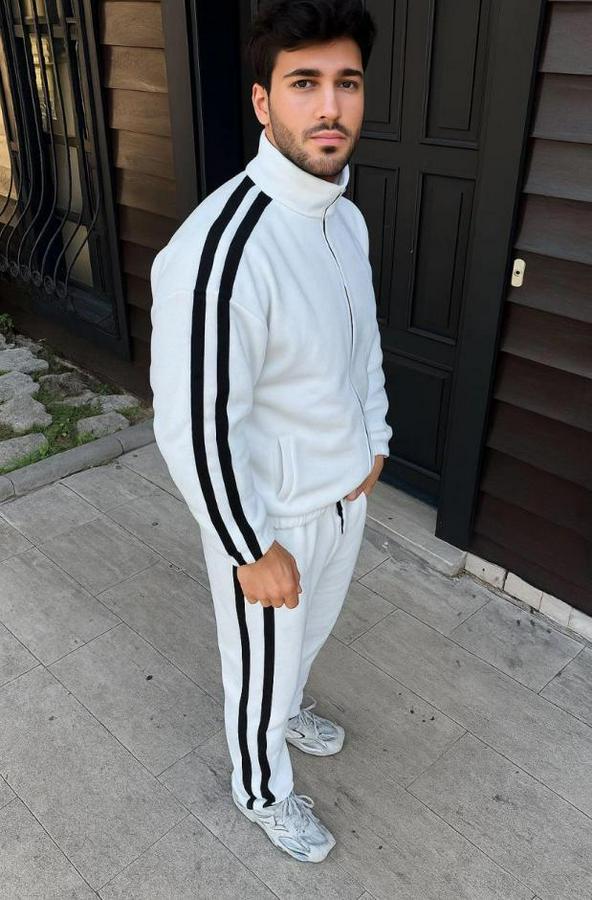 Çift Şeritli Eşofman Takım Dik Yaka Fermuarlı Sweatshirt Boru Paça Alt, Oversize 3 Iplik Pamuklu