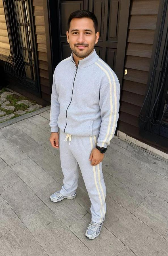 Çift Şeritli Eşofman Takım Dik Yaka Fermuarlı Sweatshirt Boru Paça Alt, Oversize 3 Iplik Pamuklu