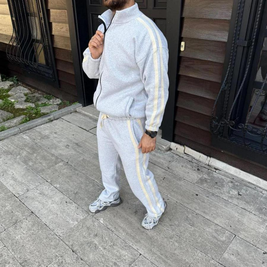 Çift Şeritli Eşofman Takım Dik Yaka Fermuarlı Sweatshirt Boru Paça Alt, Oversize 3 Iplik Pamuklu