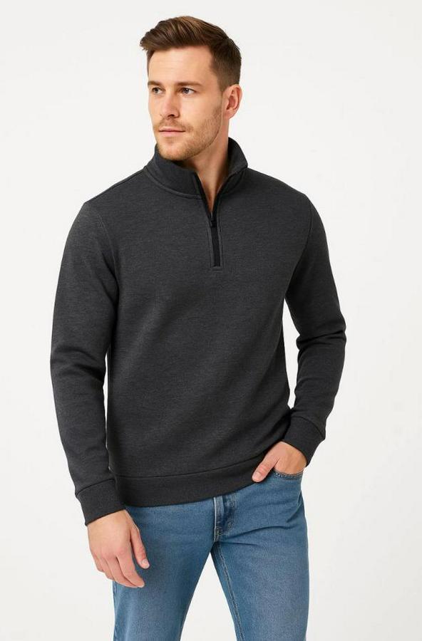 Dik Yaka Sweatshirt Dik Yaka Yarım Fermuarlı 3 Iplik Şardonlu Pamuk Kumaş