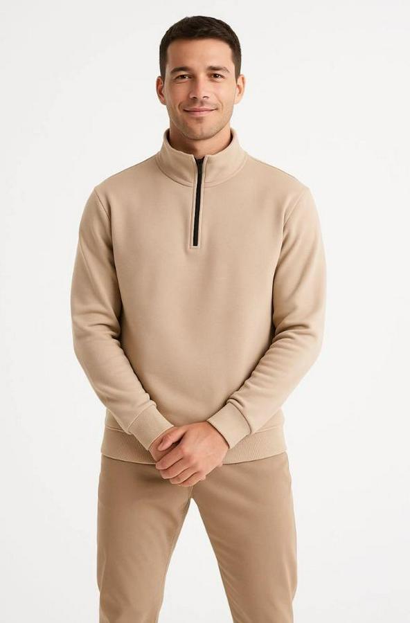 Dik Yaka Sweatshirt Dik Yaka Yarım Fermuarlı 3 Iplik Şardonlu Pamuk Kumaş