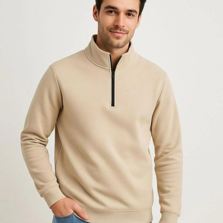 Dik Yaka Sweatshirt Dik Yaka Yarım Fermuarlı 3 Iplik Şardonlu Pamuk Kumaş