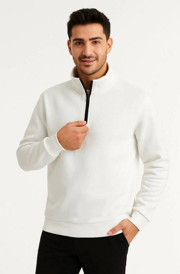 Dik Yaka Sweatshirt Dik Yaka Yarım Fermuarlı 3 Iplik Şardonlu Pamuk Kumaş