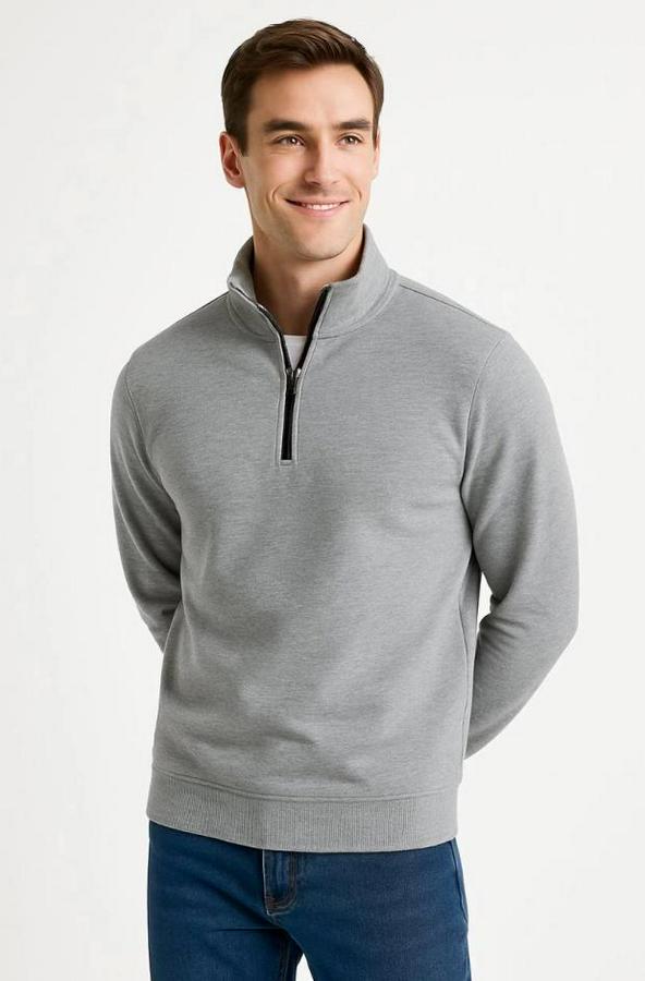 Dik Yaka Sweatshirt Dik Yaka Yarım Fermuarlı 3 Iplik Şardonlu Pamuk Kumaş