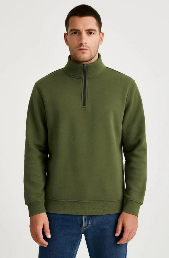 Dik Yaka Sweatshirt Dik Yaka Yarım Fermuarlı 3 Iplik Şardonlu Pamuk Kumaş