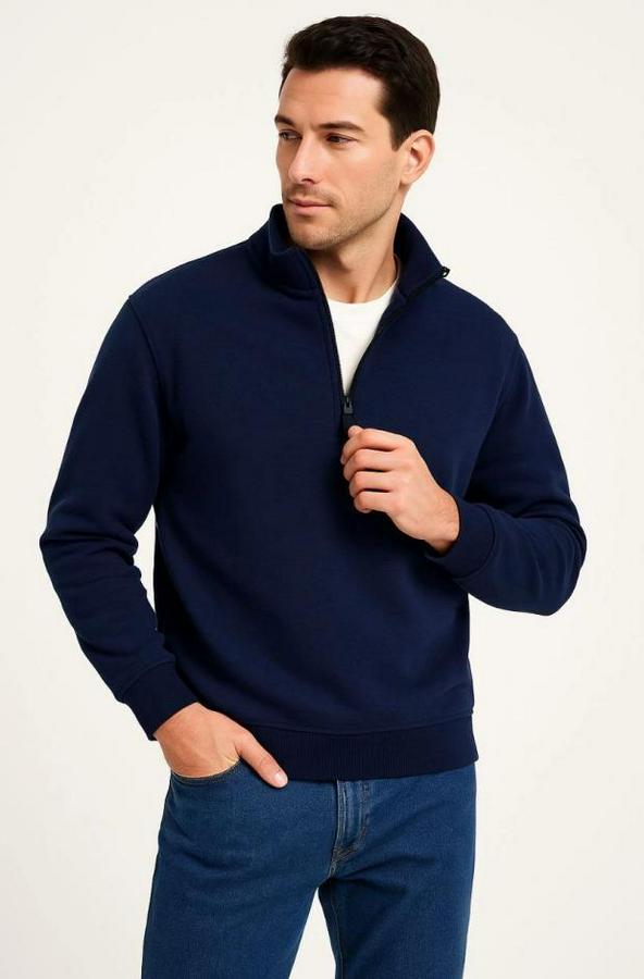 Dik Yaka Sweatshirt Dik Yaka Yarım Fermuarlı 3 Iplik Şardonlu Pamuk Kumaş