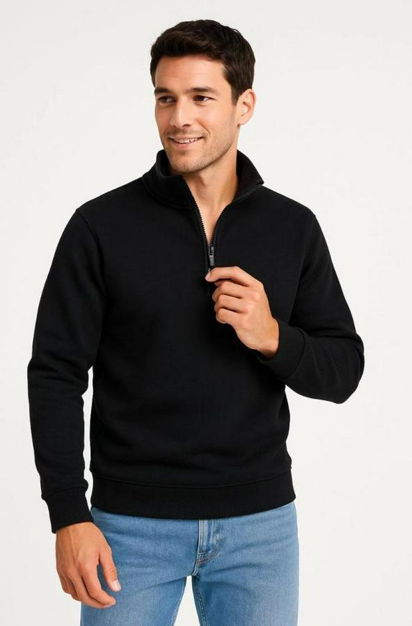 Dik Yaka Sweatshirt Dik Yaka Yarım Fermuarlı 3 Iplik Şardonlu Pamuk Kumaş