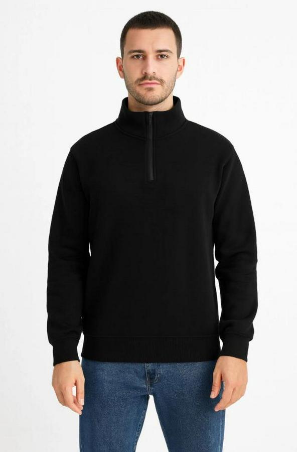 Dik Yaka Sweatshirt Dik Yaka Yarım Fermuarlı 3 Iplik Şardonlu Pamuk Kumaş
