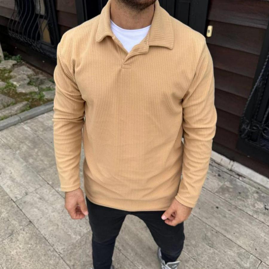 Fitilli Polar Sweatshirt – Düğmesiz Polo Yaka, Oversize Rahat Kalıp, Kalın Polar Kumaş, Kışlık Ve Baharlık Şık Günlük Üst