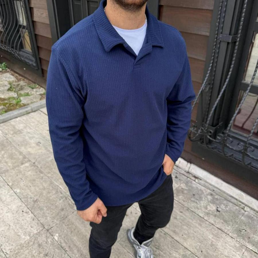 Fitilli Polar Sweatshirt – Düğmesiz Polo Yaka, Oversize Rahat Kalıp, Kalın Polar Kumaş, Kışlık Ve Baharlık Şık Günlük Üst