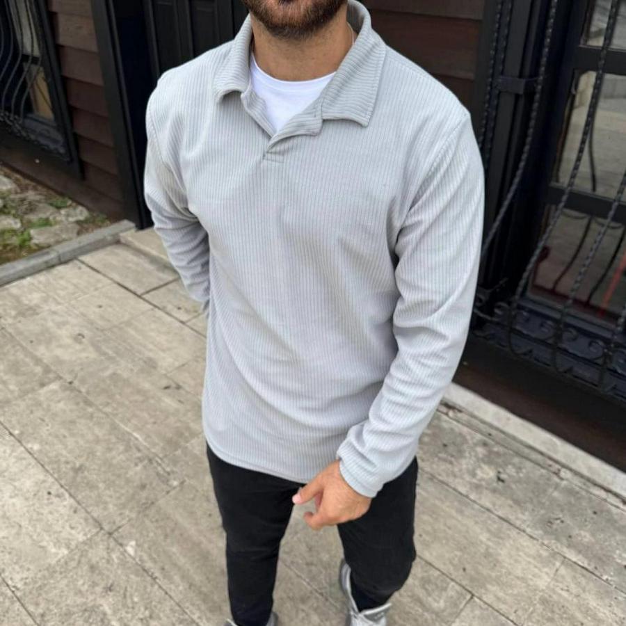 Fitilli Polar Sweatshirt – Düğmesiz Polo Yaka, Oversize Rahat Kalıp, Kalın Polar Kumaş, Kışlık Ve Baharlık Şık Günlük Üst