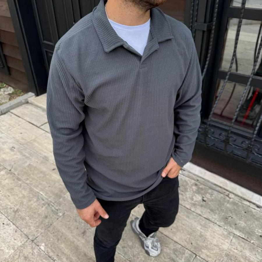 Fitilli Polar Sweatshirt – Düğmesiz Polo Yaka, Oversize Rahat Kalıp, Kalın Polar Kumaş, Kışlık Ve Baharlık Şık Günlük Üst