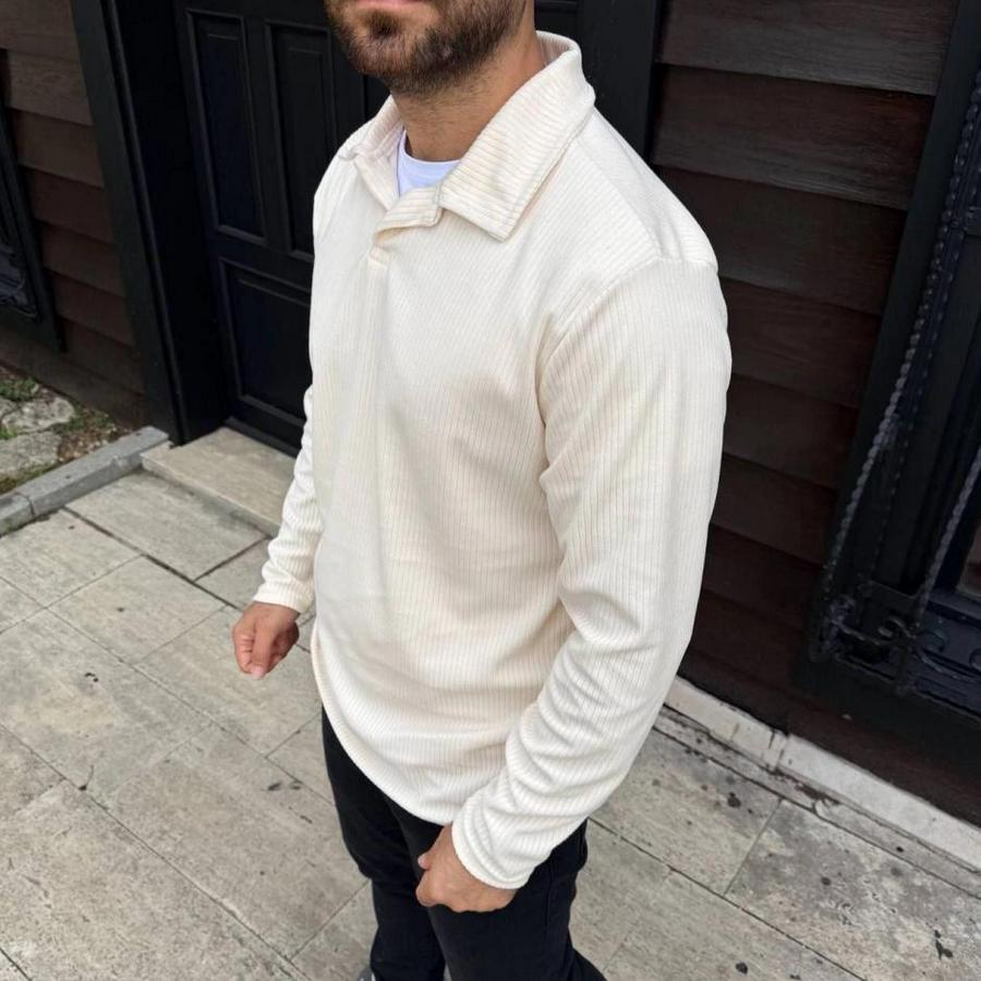 Fitilli Polar Sweatshirt – Düğmesiz Polo Yaka, Oversize Rahat Kalıp, Kalın Polar Kumaş, Kışlık Ve Baharlık Şık Günlük Üst