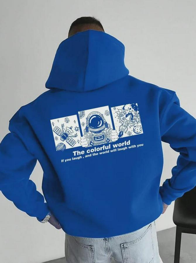 Kapüşonlu Oversize Hoodie – Üç Iplik Pamuklu, Astronot Temalı Renkli Dünya Baskılı, Kanguru Cepli Premium Sweatshirt