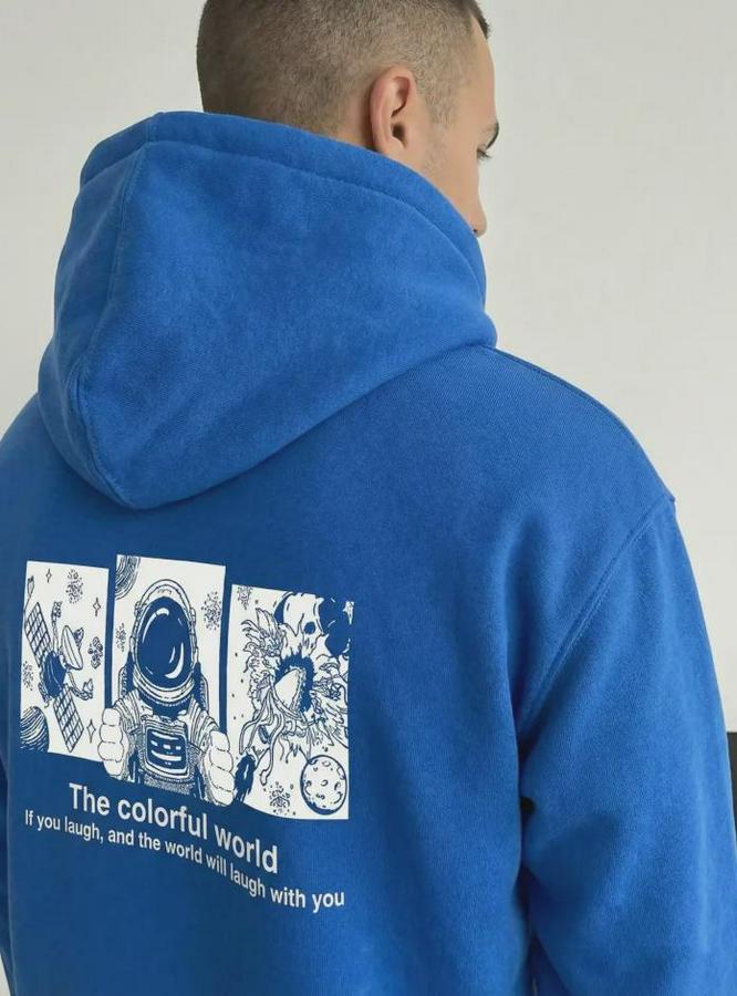 Kapüşonlu Oversize Hoodie – Üç Iplik Pamuklu, Astronot Temalı Renkli Dünya Baskılı, Kanguru Cepli Premium Sweatshirt