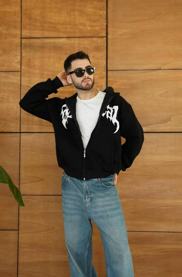 Kapüşonlu Sweatshirt  Hoodie 3 Iplik Şardonlu Pamuklu Kumaş, Önü Baskılı, Fermuarlı Rahat Kalıp, Kışlık Ve Sokak Stili Sweat