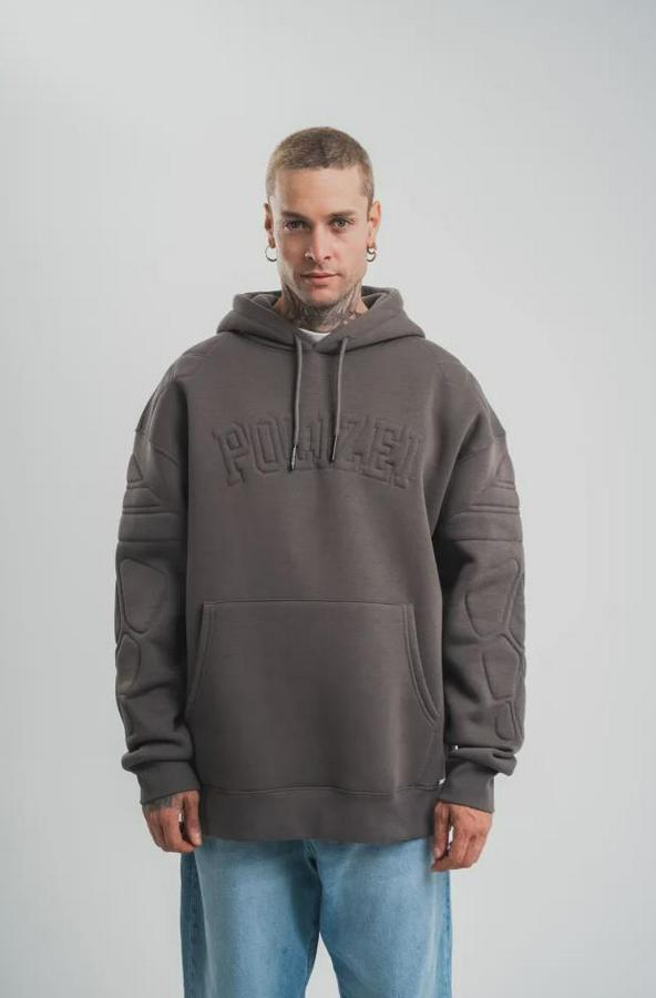 Nakış Işlemeli Kapşonlu Antrasit Sweatshirt Üç Iplik Double Oversize- Füme