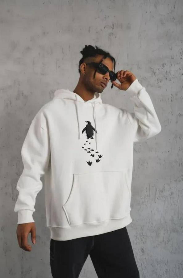 Nihilist Penguen Temalı Oversize Kapüşonlu Sweatshirt