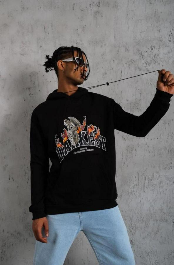 Oversize Kapüşonlu Sweatshirt – Siyah Renk Üç Iplik Içi Pamuklu Kanguru Cepli Baskılı Hoodie Rahat Kalıp Kışlık Günlük Kombinlere Uygun