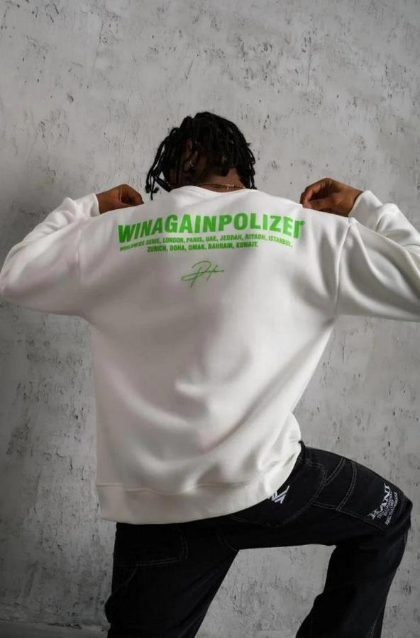 Oversize Sweatshirt – Beyaz Renk  Ön Ve Sırt Baskılı, Üç Iplik Içi Pamuklu Kumaş, Rahat Kalıp, Ribanalı Kışlık Sweat  Winagain Polizei Serisi