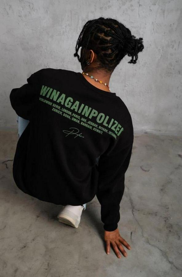 Oversize Sweatshirt – Siyah Renk  Ön Ve Sırt Baskılı, Üç Iplik Içi Pamuklu Kumaş, Rahat Kalıp, Ribanalı Kışlık Sweat  Winagain Polizei Serisi