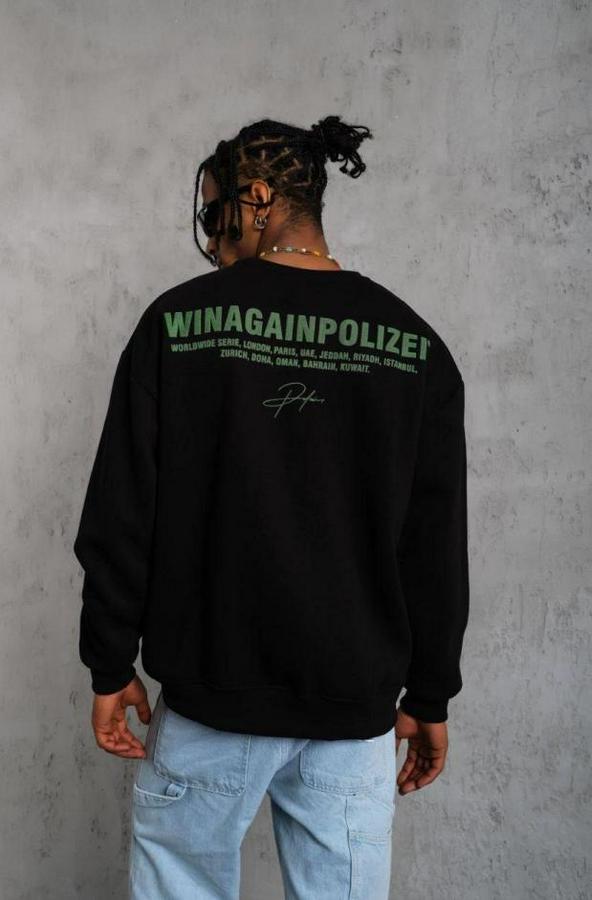 Oversize Sweatshirt – Siyah Renk  Ön Ve Sırt Baskılı, Üç Iplik Içi Pamuklu Kumaş, Rahat Kalıp, Ribanalı Kışlık Sweat  Winagain Polizei Serisi