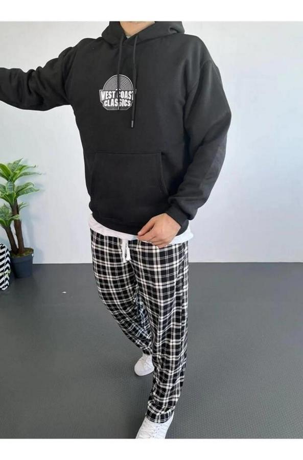 Oversize Üç Iplik Kapüşonlu Sweatshirt – Siyah Sırt Ve Ön Baskılı, Kanguru Cepli, Rahat Kalıp, Içi Pamuklu Model-Siyah