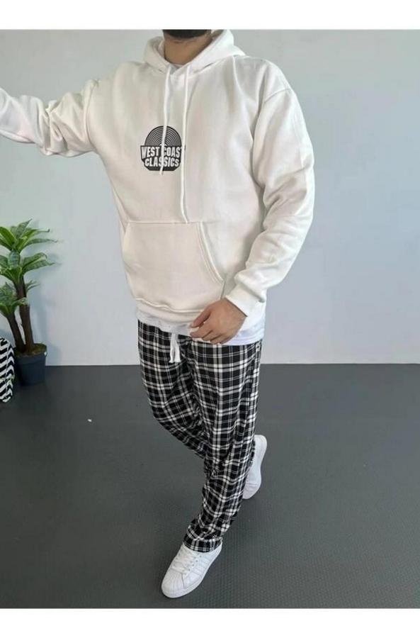 Oversize Üç Iplik Kapüşonlu Sweatshirt – Beyaz Ön Baskılı, Kanguru Cepli, Rahat Kalıp, Içi Pamuklu Model