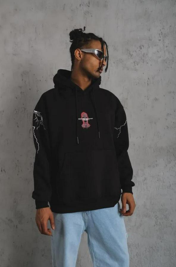 Oversize Üç Iplik Kapüşonlu Sweatshirt – Siyah “don’t Be Terrified” Ön, Sırt Ve Kol Baskılı, Kanguru Cepli, Ribanalı Rahat Model- Siyah
