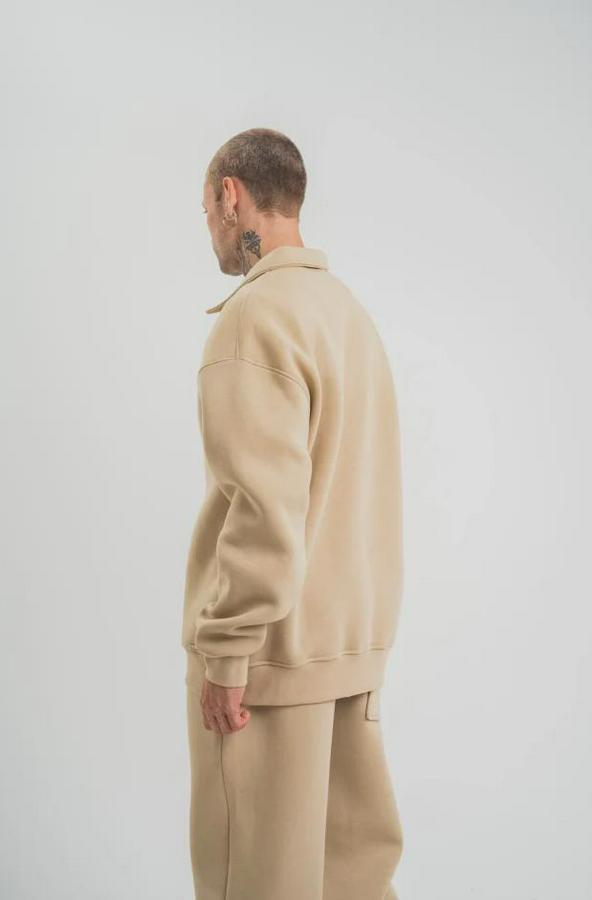 Patlı Yaka Üç Iplik Pamuklu Sweatshirt Double Oversize Rahat Kalıp Günlük Kullanım – Bej