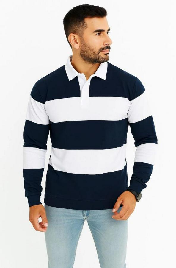 Polo Yaka Uzun Kollu Çizgili Sweatshirt Trend Rugby Stil