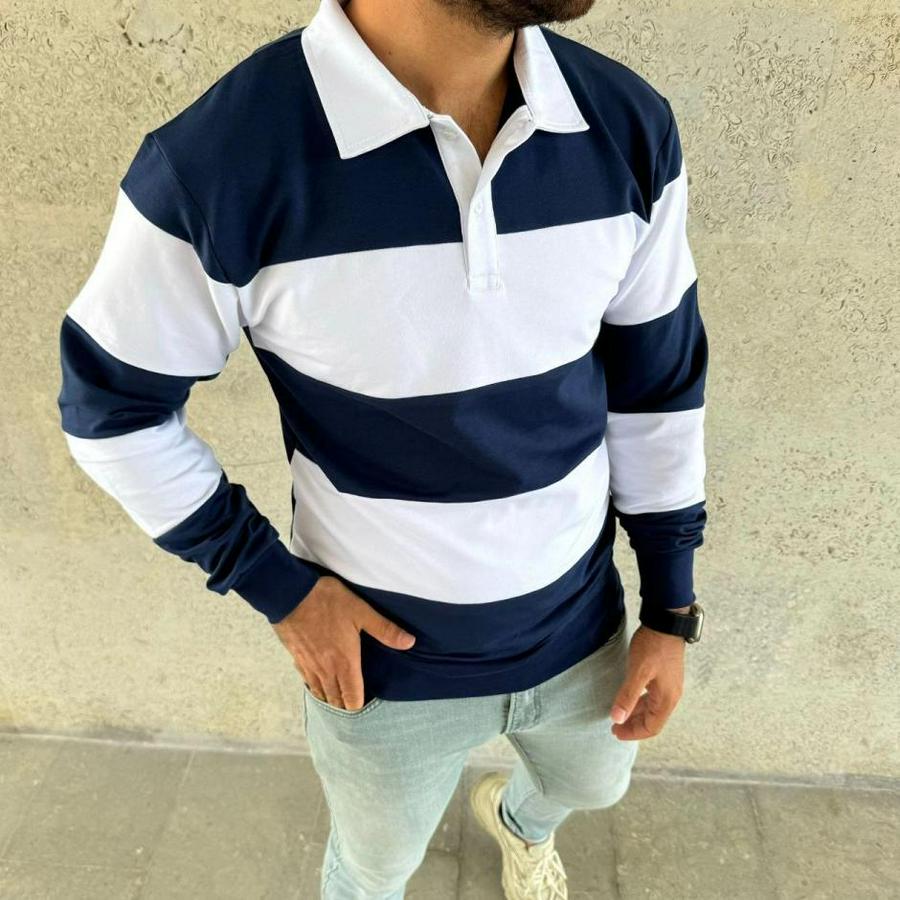 Polo Yaka Uzun Kollu Çizgili Sweatshirt Trend Rugby Stil