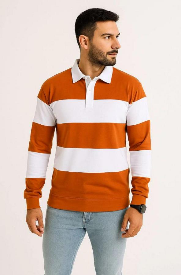 Polo Yaka Uzun Kollu Çizgili Sweatshirt Trend Rugby Stil