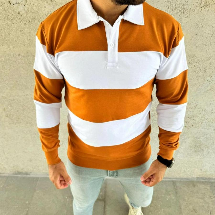 Polo Yaka Uzun Kollu Çizgili Sweatshirt Trend Rugby Stil