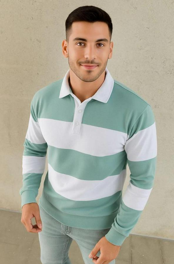 Polo Yaka Uzun Kollu Çizgili Sweatshirt Trend Rugby Stil