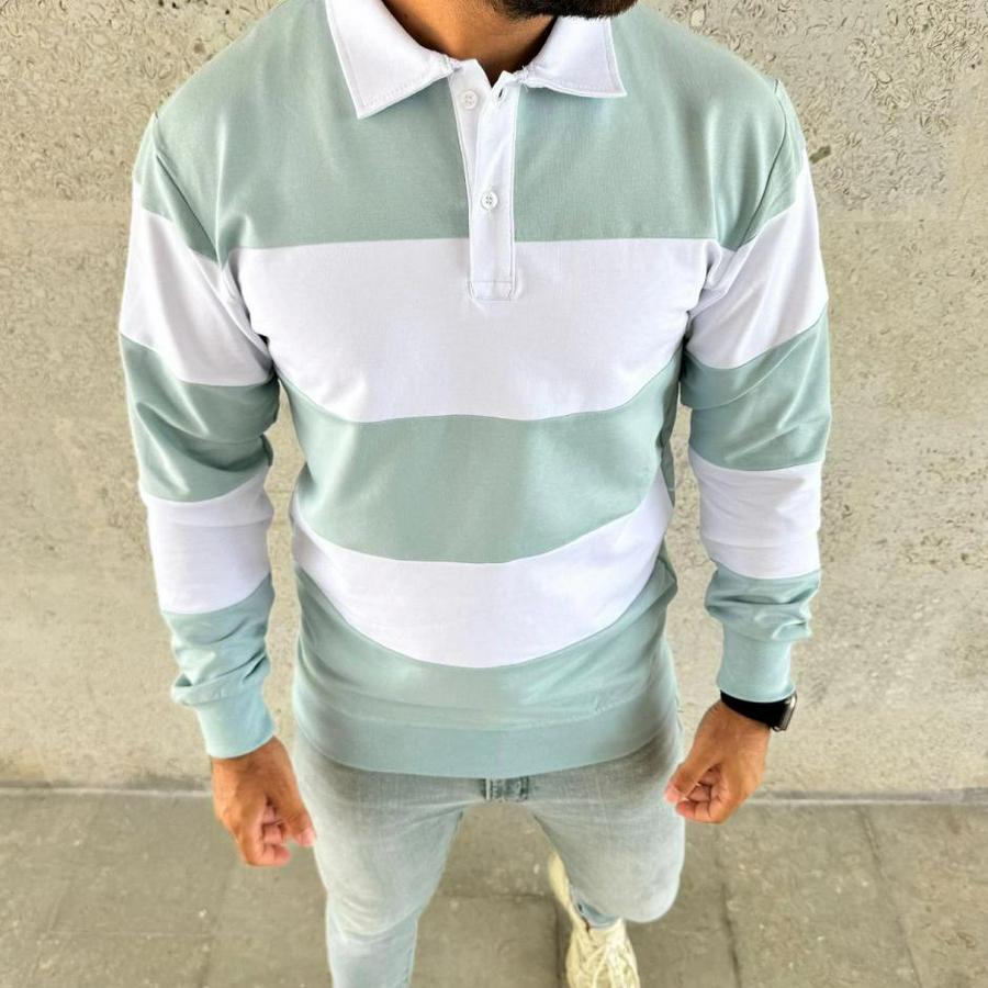 Polo Yaka Uzun Kollu Çizgili Sweatshirt Trend Rugby Stil