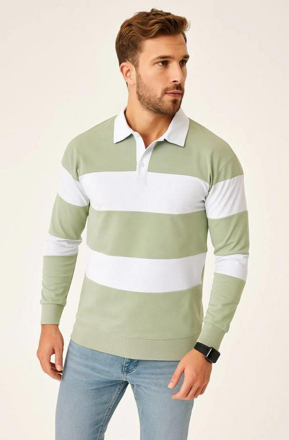 Polo Yaka Uzun Kollu Çizgili Sweatshirt Trend Rugby Stil