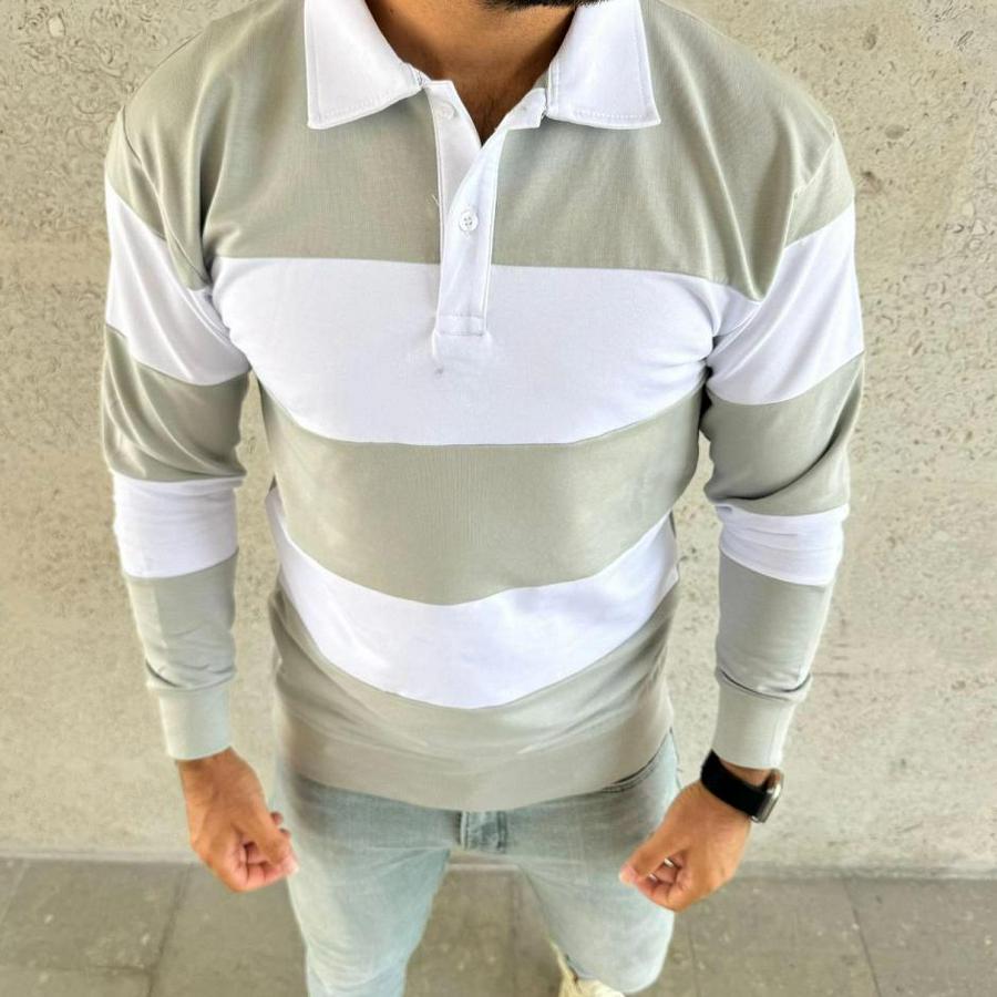 Polo Yaka Uzun Kollu Çizgili Sweatshirt Trend Rugby Stil