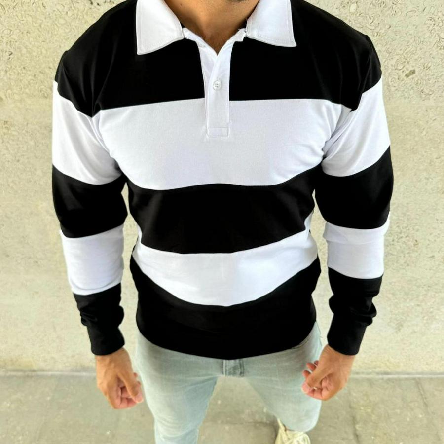 Polo Yaka Uzun Kollu Çizgili Sweatshirt Trend Rugby Stil