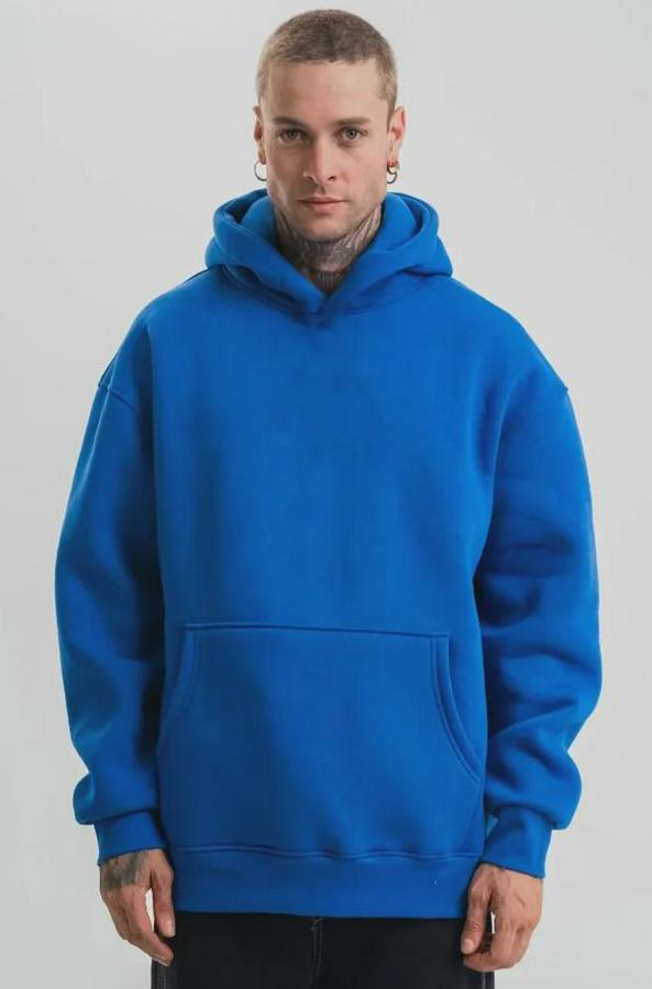 Saks Mavi Double Oversize 3 Iplik Pamuklu Kapüşonlu Kanguru Cepli Sweatshirt Hoodie