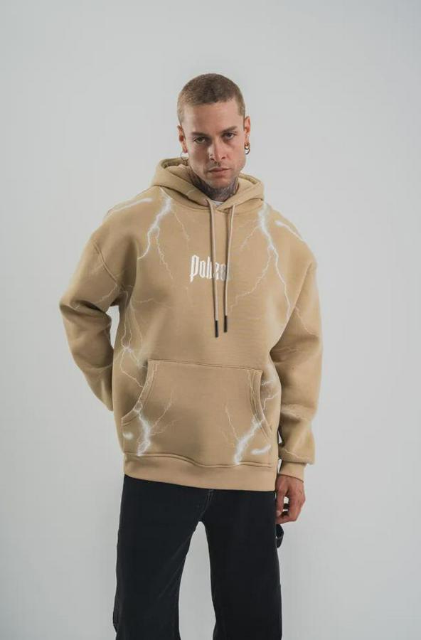 Şimşek Baskılı Kapşonlu Sweatshirt Üç Iplik Pamuklu Kanguru Cepli Double Oversize Hoodie