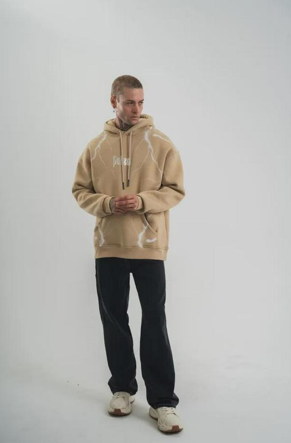 Şimşek Baskılı Kapşonlu Sweatshirt Üç Iplik Pamuklu Kanguru Cepli Double Oversize Hoodie