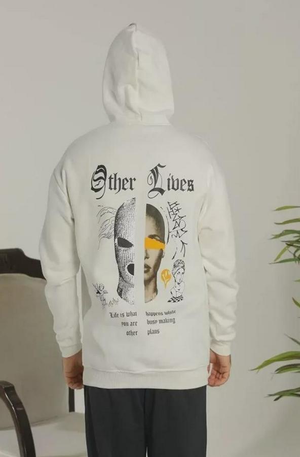 Sırt Baskılı Oversize Üç Iplik Kapüşonlu Sweatshirt