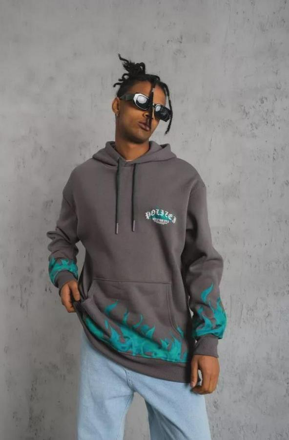 Üç Iplik Içi Pamuklu Alev Baskılı Kapüşonlu Sweatshirt