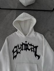 Kışlık Kapşonlu Baskılı Oversize Sweatshirt- Beyaz